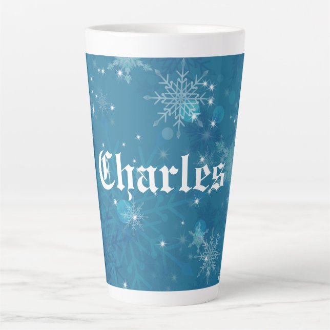 Winter Blue Snowflakes Personalized  Latte Mug (Front)