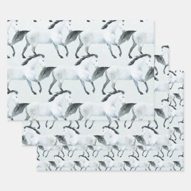 Winter Blue Snowy White Horse Wrapping Paper Sheets (Set)