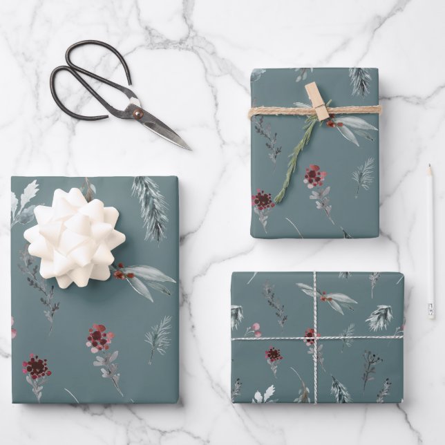 Winter Blue Spruce & Mulled Berries Slate Green Wrapping Paper Sheets (Front)