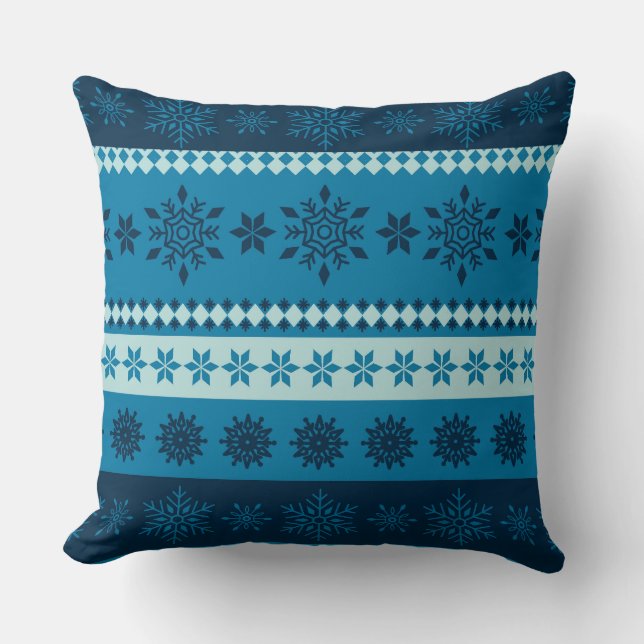 Winter Blue Stripe Snowflake Christmas Throw Pillow (Front)