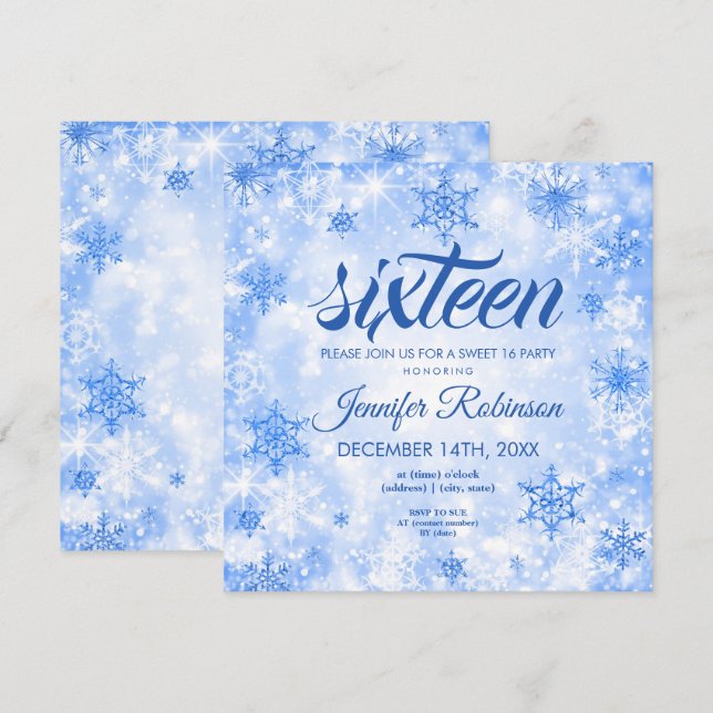 Winter Blue Sweet 16 Glitter Sparkle Invitation (Front/Back)
