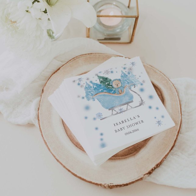 Winter Blue Teddy Bear Sleigh Boy Baby Shower Napkins (Creator Uploaded)