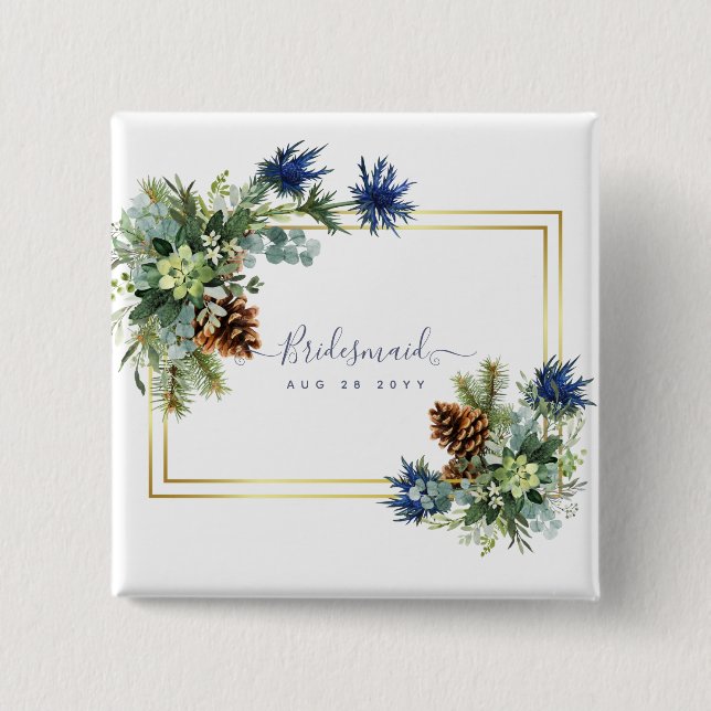 Winter Blue Thistle Eucalyptus Wedding Wonderland Button (Front)