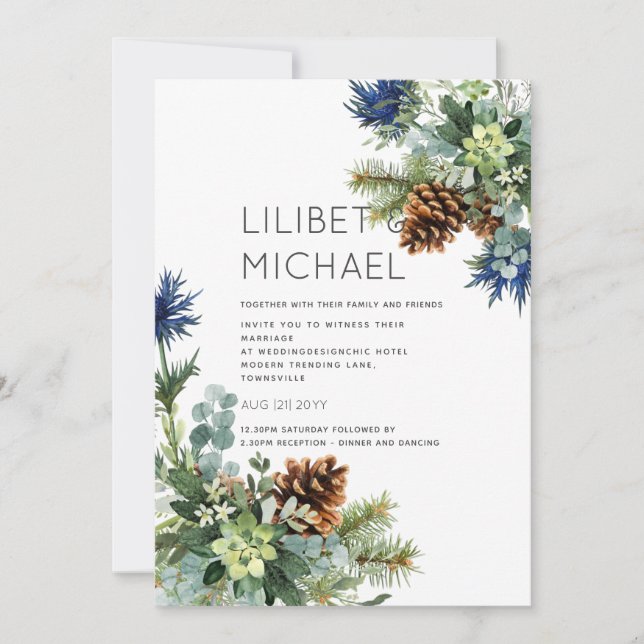 Winter Blue Thistle Eucalyptus Wedding Wonderland Invitation (Front)