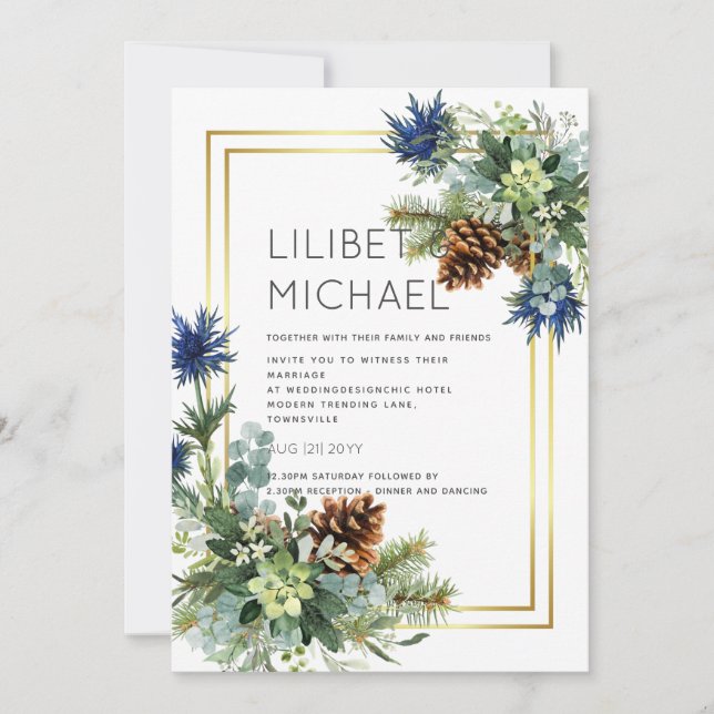 Winter Blue Thistle Eucalyptus Wedding Wonderland Invitation (Front)
