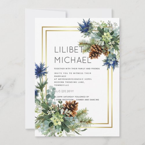 Winter Blue Thistle Eucalyptus Wedding Wonderland Invitation