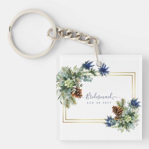 Winter Blue Thistle Eucalyptus Wedding Wonderland Keychain