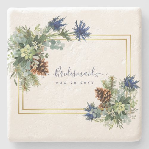 Winter Blue Thistle Eucalyptus Wedding Wonderland Stone Coaster