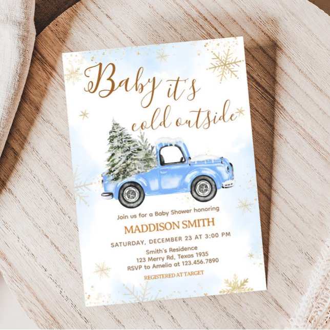 Winter Blue Truck Baby Shower  Invitation (Blue Baby It's Cold Outside Baby Shower Invitation)