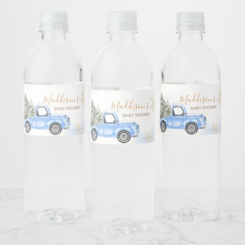 Winter Blue Truck Baby Shower Water Bottle Label