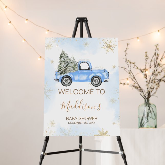 Winter Blue Truck Baby Shower Welcome Sign (In Situ (Stand))