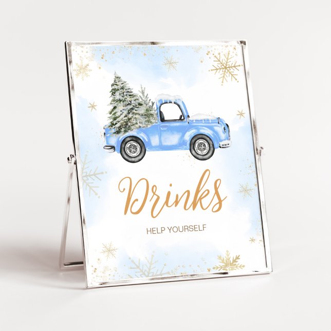 Winter Blue Truck Drinks Poster (Blue Baby It's Cold Outside Baby Shower Drinks Sign)