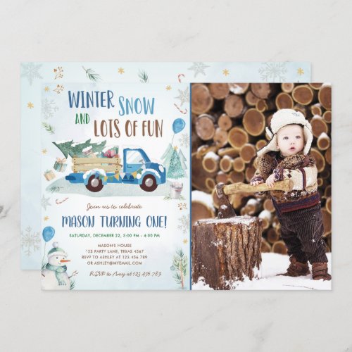 Winter Blue Truck Snow Fun Boy First Birthday Invitation