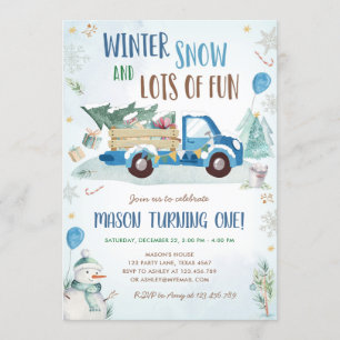 Winter Blue Truck Snow Fun Boy First Birthday Invitation