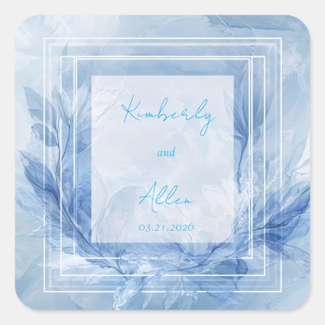 Winter Blue Watercolor Marbled Leaf Square Wedding Sticker (Front)