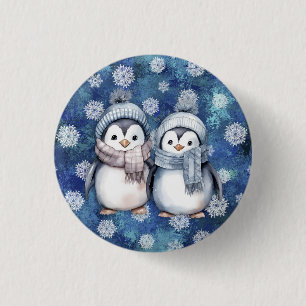 Winter Blue Watercolor Penguins Scarves Hats Button