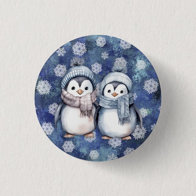 Winter Blue Watercolor Penguins Scarves Hats Button (Front)