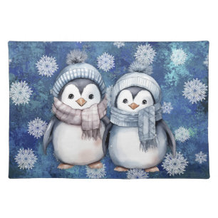 Winter Blue Watercolor Penguins Scarves Hats Cloth Placemat