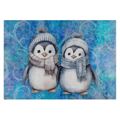 Winter Blue Watercolor Penguins Scarves Hats Cutting Board