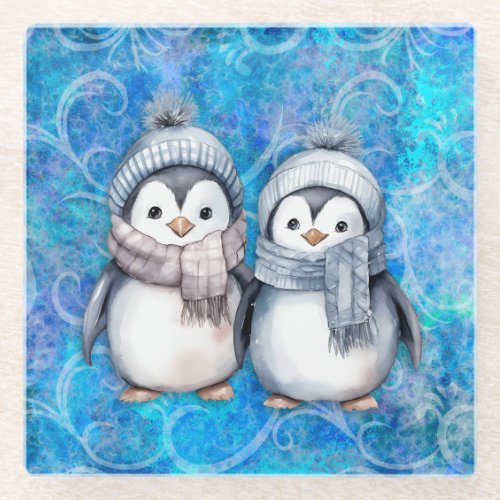 Winter Blue Watercolor Penguins Scarves Hats Glass Coaster