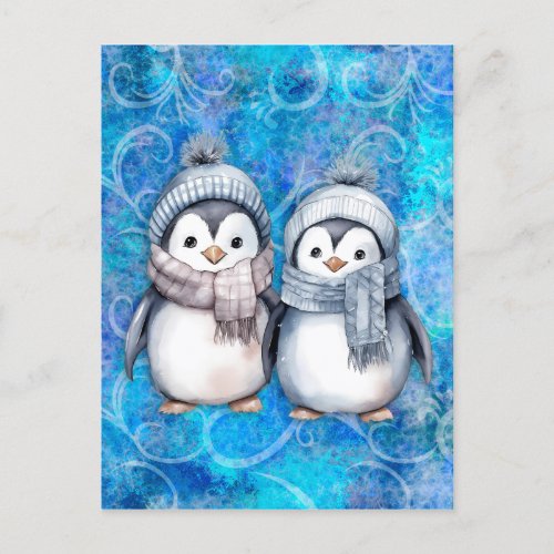 Winter Blue Watercolor Penguins Scarves Hats Holiday Postcard