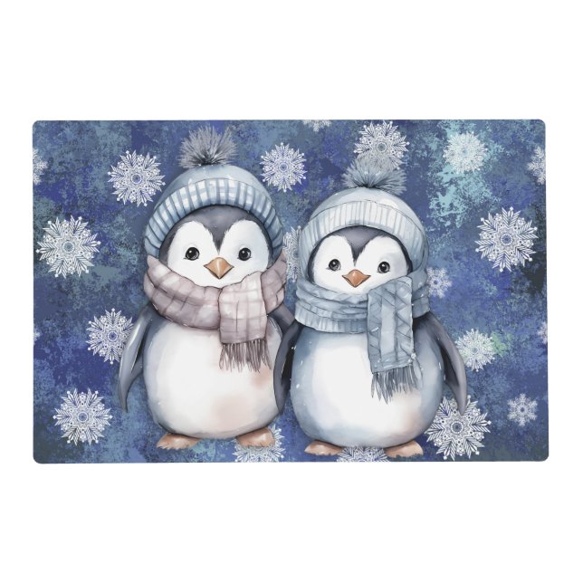 Winter Blue Watercolor Penguins Scarves Hats Placemat (Front)