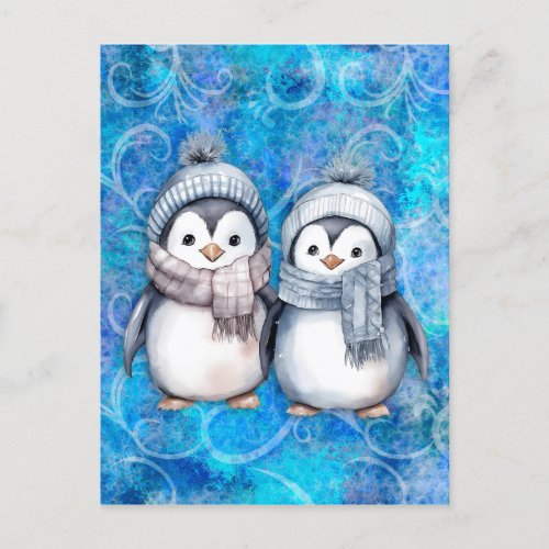 Winter Blue Watercolor Penguins Scarves Hats Postcard