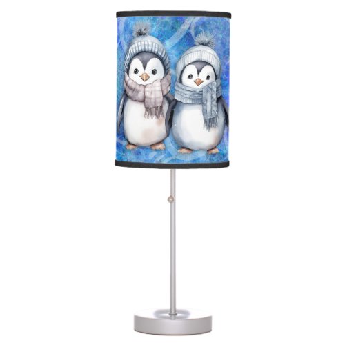 Winter Blue Watercolor Penguins Scarves Hats Table Lamp