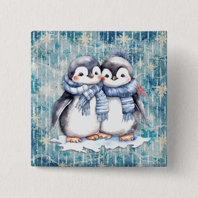 Winter Blue Watercolor Penguins With Scarves Button (Front)