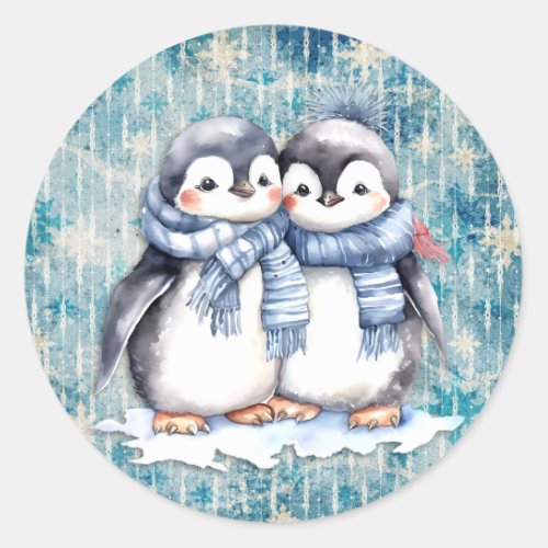 Winter Blue Watercolor Penguins With Scarves Classic Round Sticker