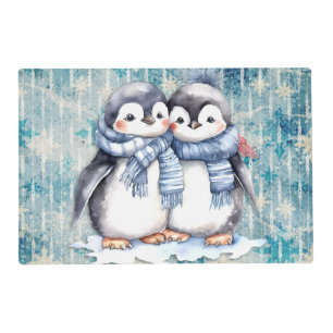 Winter Blue Watercolor Penguins With Scarves Placemat