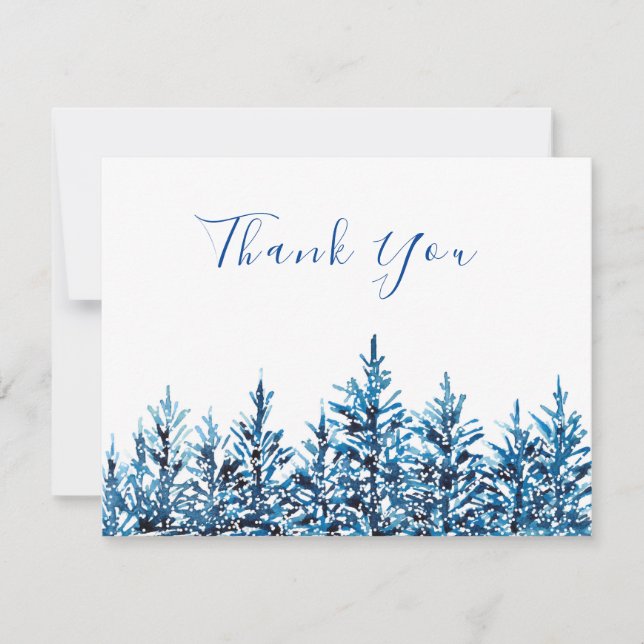 Winter Blue Watercolor Pine Trees Thank You Card (Front)