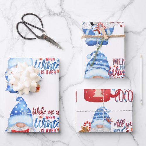 Winter Blue White and Red Gnomes Wrapping Paper S