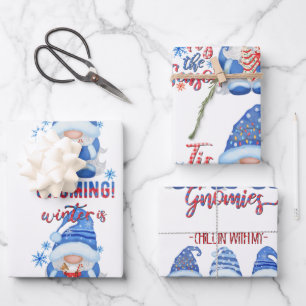 Winter Blue, White and Red Gnomes Wrapping Paper Sheets