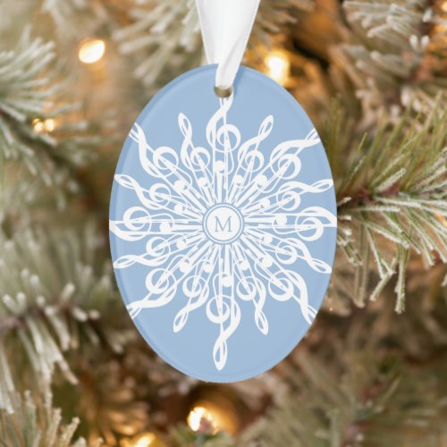 Winter Blue White Snowflake Music Notes Monogram Ornament