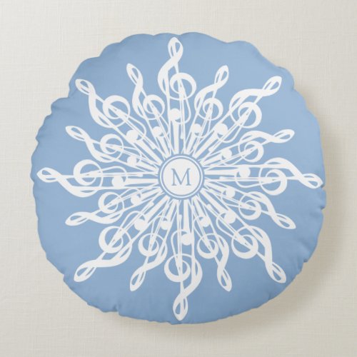 Winter Blue White Snowflake Music Notes Monogram Round Pillow