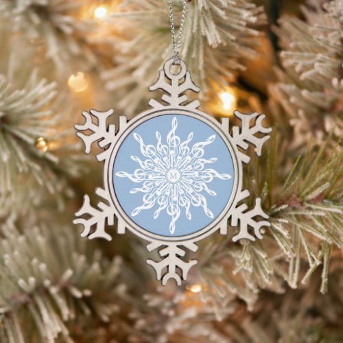 Winter Blue White Snowflake Music Notes Monogram Snowflake Pewter Christmas Ornament