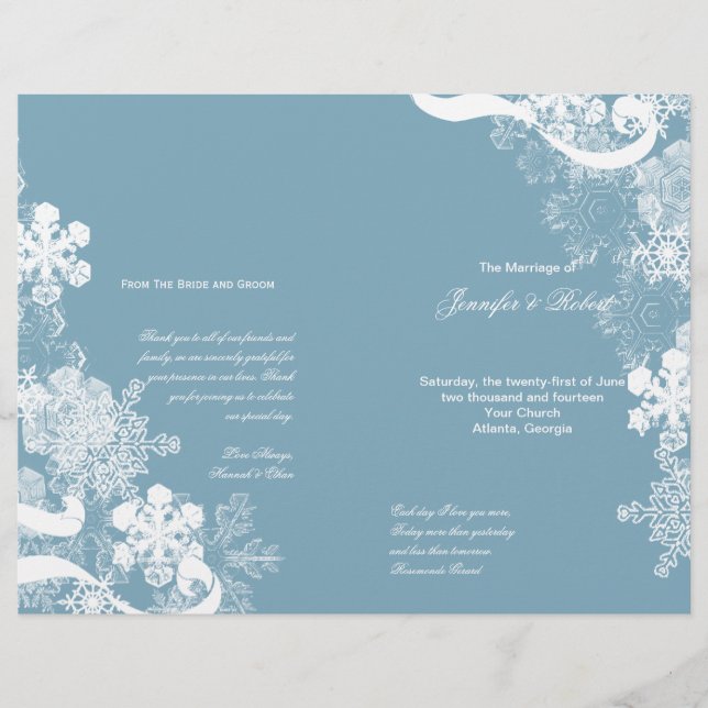 Winter Blue White Snowflake Wedding Program (Front)