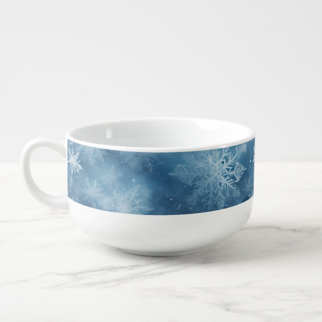 Winter Blue White Snowflakes Christmas Soup Mug (Right)