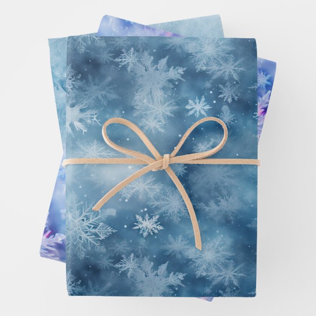 Winter Blue White Snowflakes Christmas Wrapping Paper Sheets (In situ)