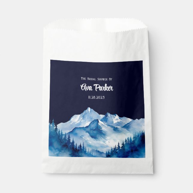 Winter Blue White Snowy Mountains Bridal Shower Favor Bag (Front)