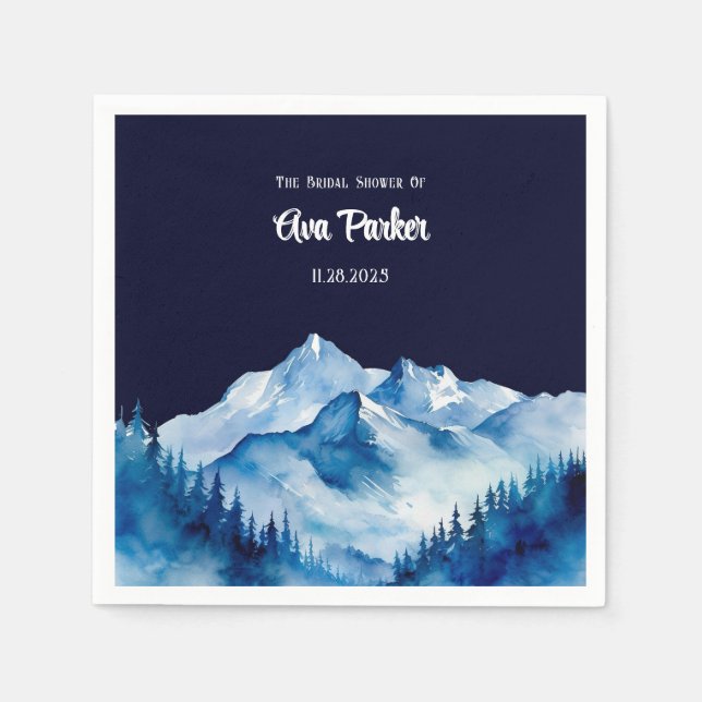 Winter Blue White Snowy Mountains Bridal Shower Napkins (Front)