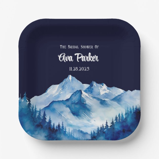 Winter Blue White Snowy Mountains Bridal Shower Paper Plates (Front)