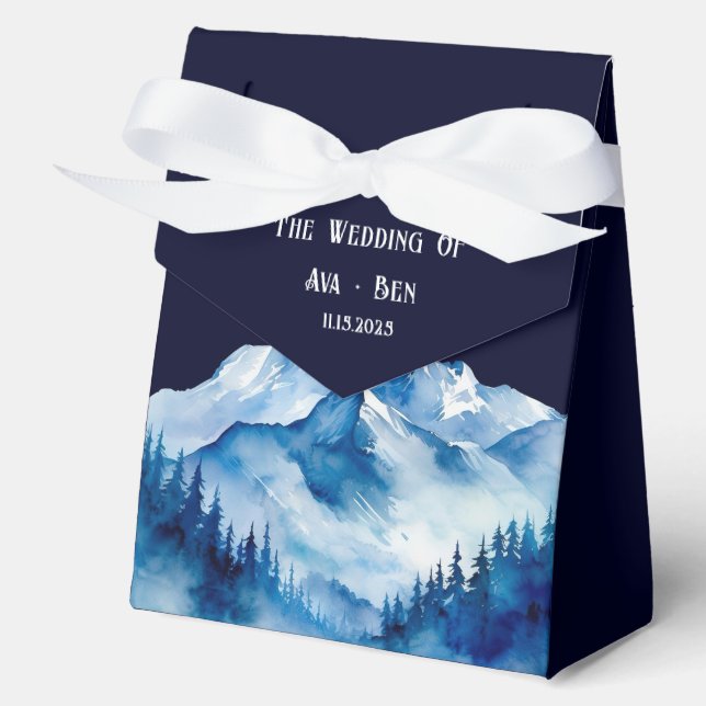 Winter Blue White Snowy Mountains Wedding Favor Boxes (Front)