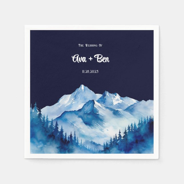 Winter Blue White Snowy Mountains Wedding Napkins (Front)