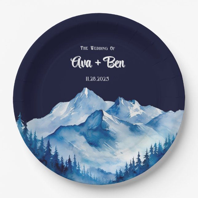 Winter Blue White Snowy Mountains Wedding Paper Plates (Front)