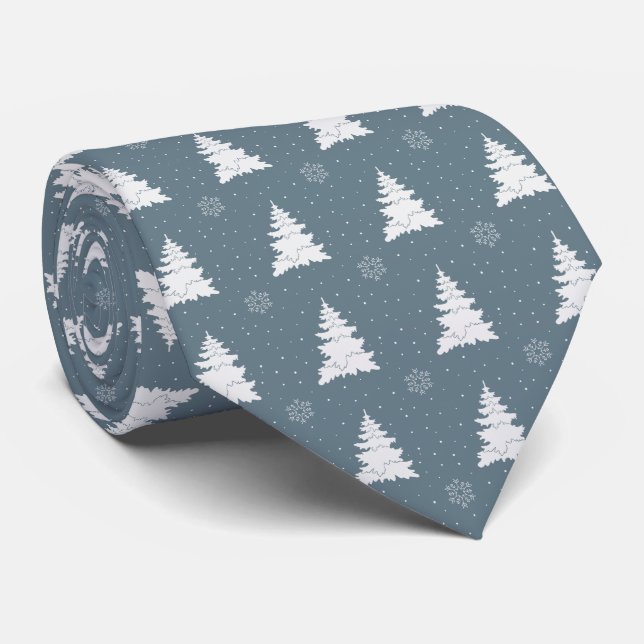Winter Blue with White Pine Tree Pattern Neck Tie (Rolled)