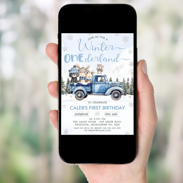Winter Blue Woodland Truck Onederland 1st Birthday Invitation (Front Digital)