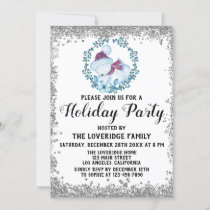 Winter Blue Wreath Christmas Holiday Party Silver Invitation