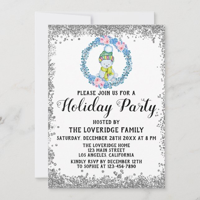 Winter Blue Wreath Christmas Holiday Party Silver Invitation (Front)